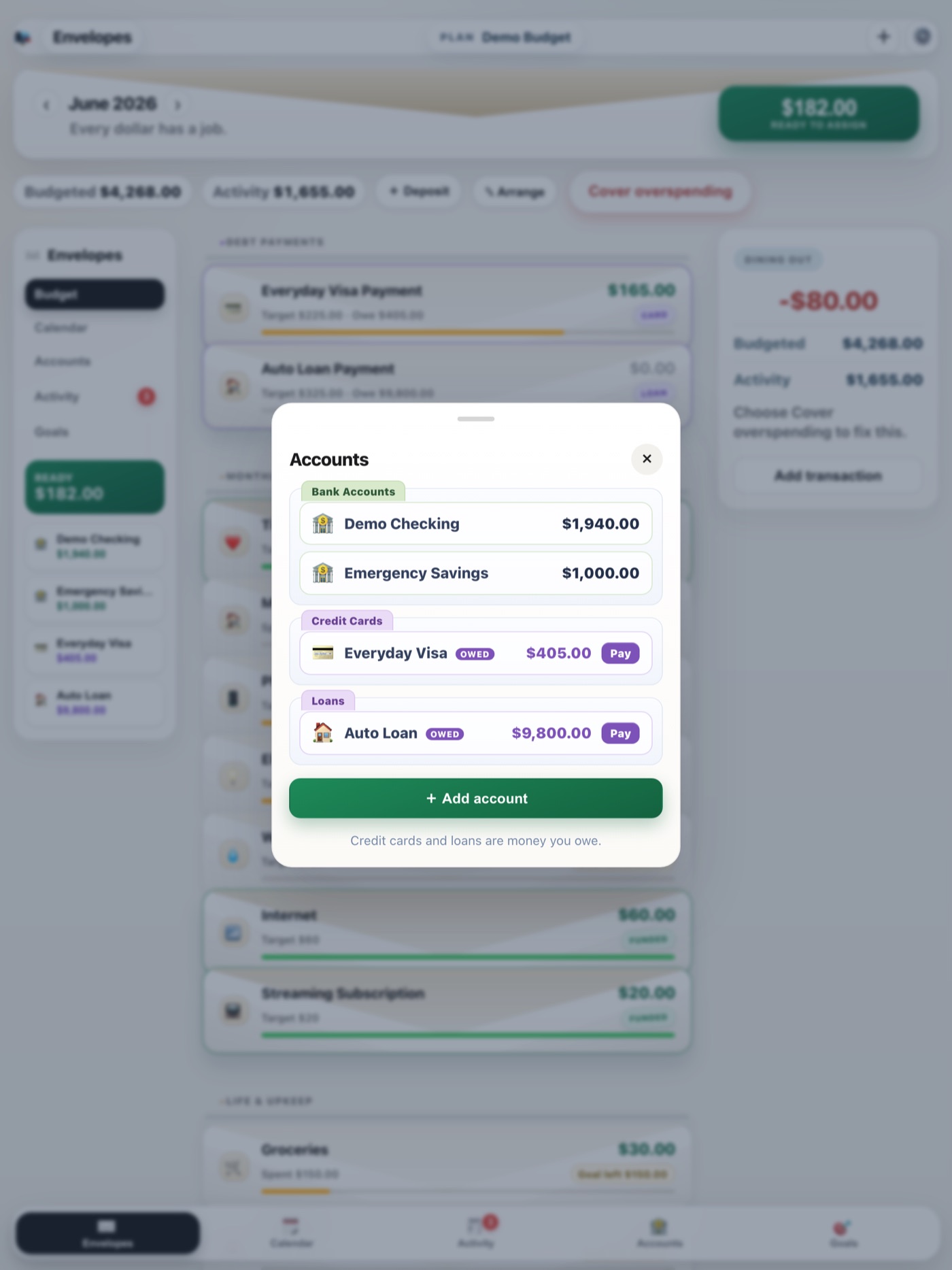 Envelopes accounts screen showing checking, savings, credit, and loan balances.