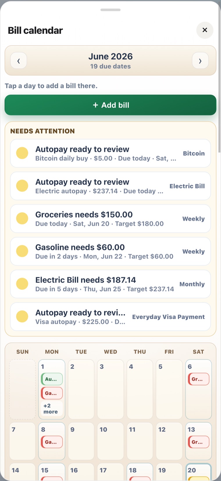 Envelopes calendar screen showing upcoming bills and budget reminders.