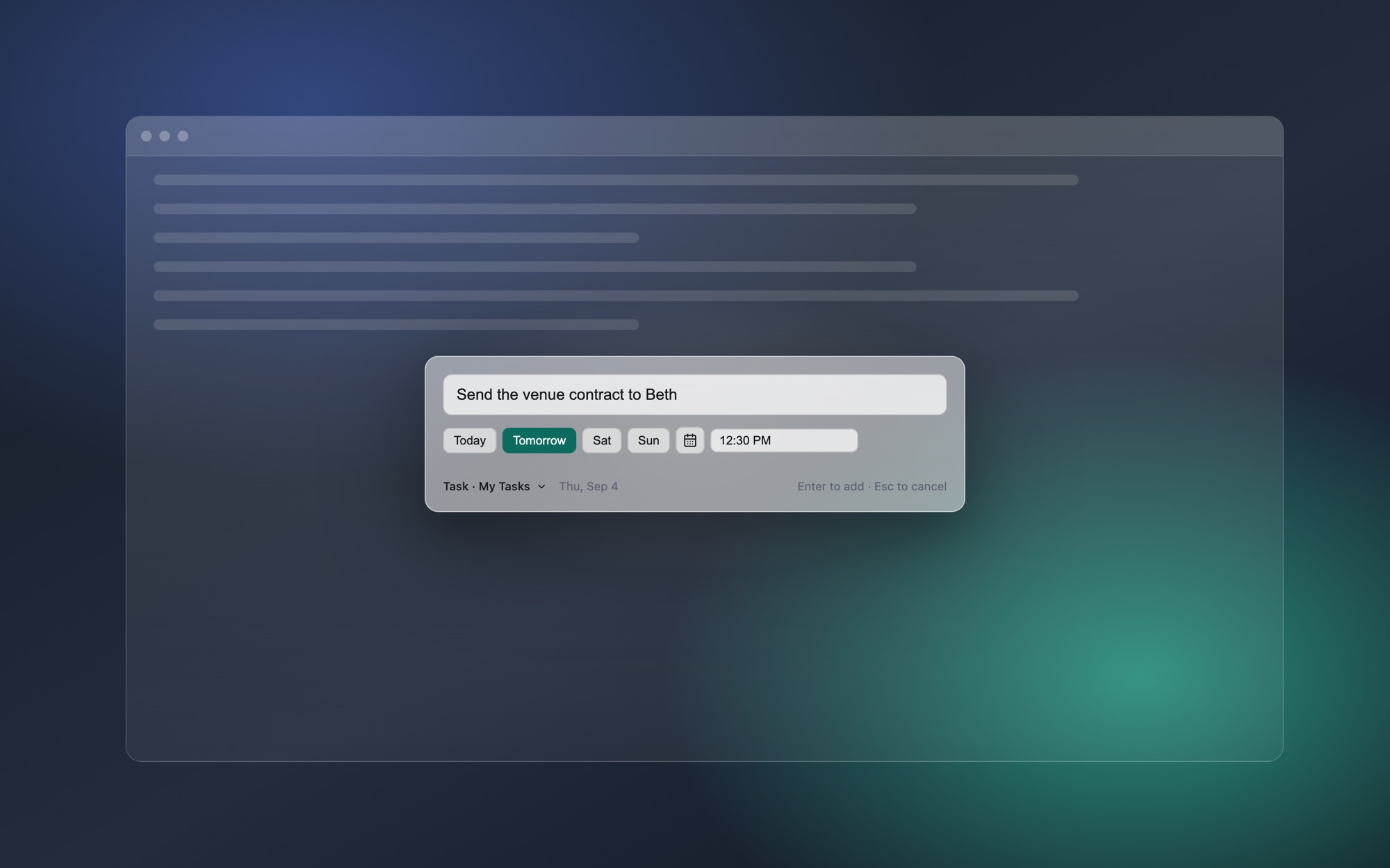 The SnapTask capture box floating over a document, with a task typed in and Tomorrow selected.